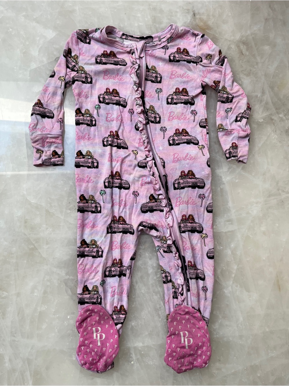 Barbie Posh Peanut Light Pink Footed One-Piece Pajama with Car Print